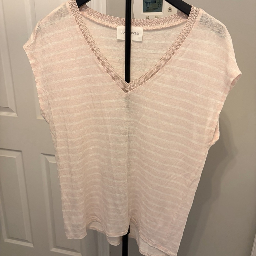 Sud Express Pink White Striped V-Neck Tee Trim Details Med Sheer lightweight EUC